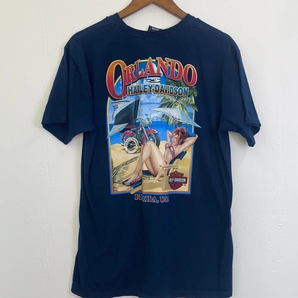 Harley Davidson - Navy Orlando Harley Davidson With Woman in Bikini Shirt Size L